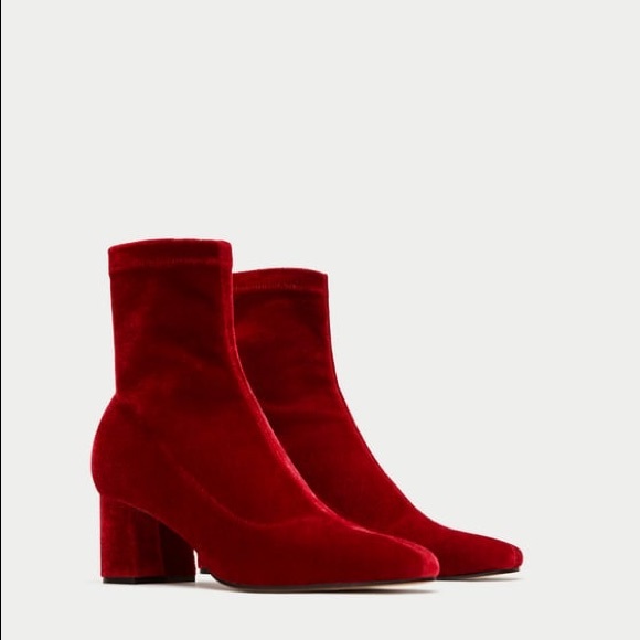 NWOT Zara Red Brick High Heel Velvet Ankle Boots - Picture 2 of 6